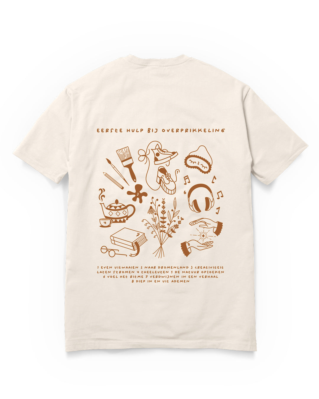 T-Shirt ‘Eerste hulp bij Overprikkeling’ Zeefdruk - Unisex 100% Biologisch Katoen (Fair Wear)