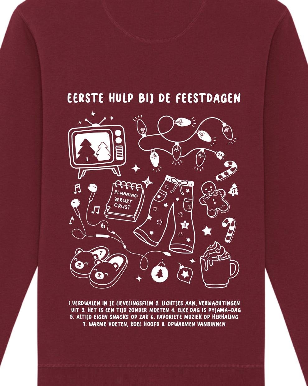 PRE-ORDER: Trui 'Eerste Hulp bij de Feestdagen' Zeefdruk - Bordeauxrood 85% Biologisch Katoen (Fair Wear)