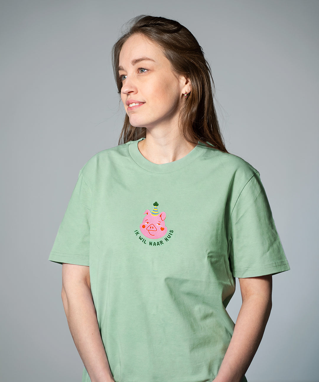 T-shirt 'Ik wil naar huis' Licht groen – Unisex 100% Biologisch Katoen (Fair Wear)