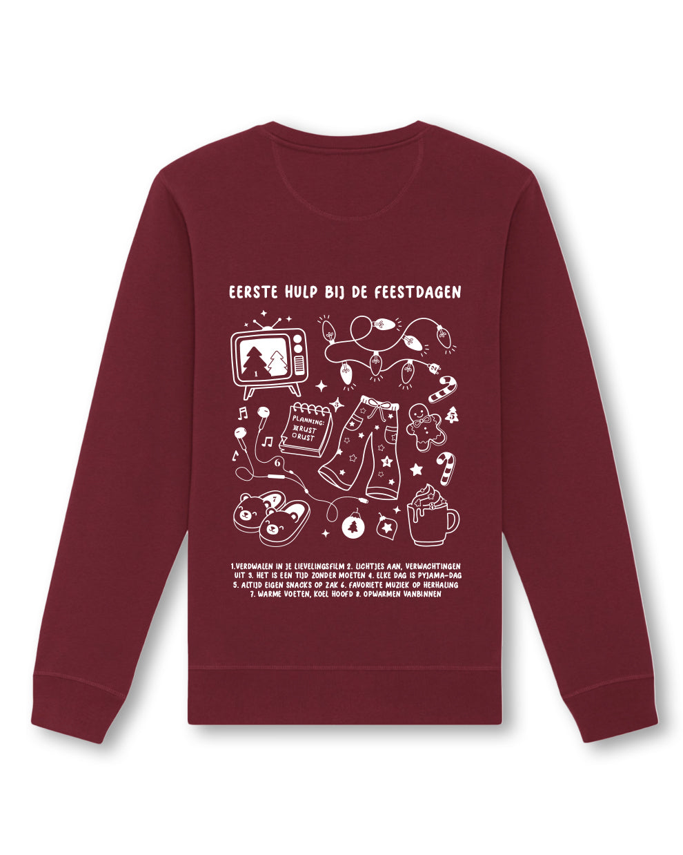 PRE-ORDER: Trui 'Eerste Hulp bij de Feestdagen' Zeefdruk - Bordeauxrood 85% Biologisch Katoen (Fair Wear)