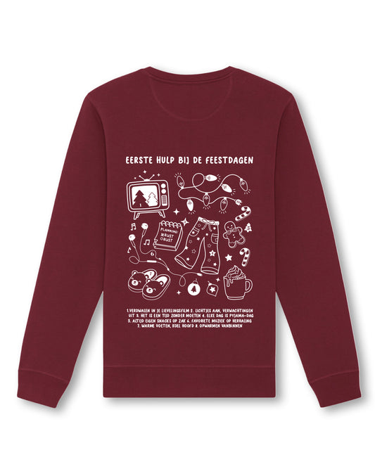 PRE-ORDER: Trui 'Eerste Hulp bij de Feestdagen' Zeefdruk - Bordeauxrood 85% Biologisch Katoen (Fair Wear)